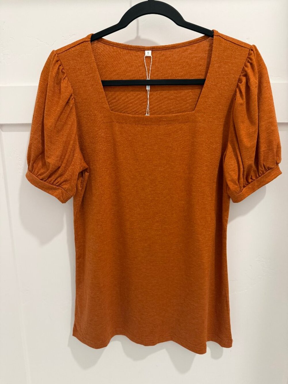 WHOLL Rust Orange Puff Sleeve Top Womens Small Square Neck Stretch Blouse NWT